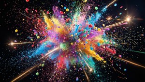 Explosão de partículas coloridas com rastros de luz em fundo preto