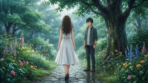Una scena nostalgica di anime in cui una donna si allontana mentre un uomo guarda sotto la pioggia.