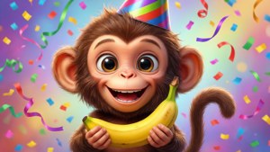 A cheerful cartoon monkey celebrating with a banana and confetti