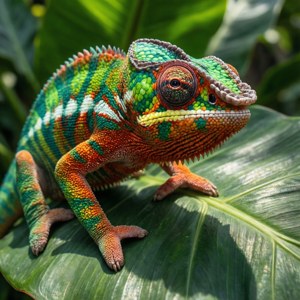 A colorful chameleon on a large green leaf in a jungle — Tangled Background