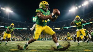 Gambar aksi dinamis dari sepak bola Oregon Ducks dalam permainan