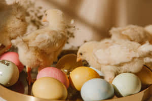 Fluffy chicks among colorful eggs in a golden bowl under warm light.