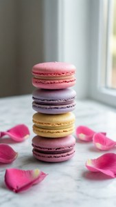 Macaron colorati su marmo con petali di rosa.