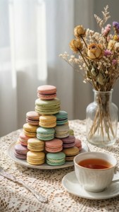 Ein zartes Stillleben mit Macarons und Tee, sanfte ästhetische Perfektion.
