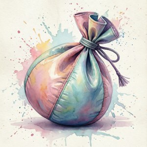 Aquarelkunstwerk van een hacky sack met zachte pastelspatten.