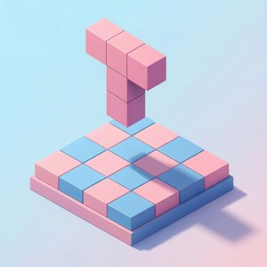 En stilisert nummer én laget av rosa kuber på en rutete base med pastellfarger.