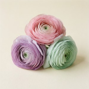 Three soft pastel rolled flowers on cream, minimal SVG wallpaper.