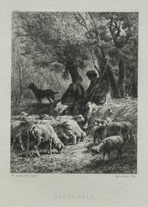 Pastorale by Charles Emile Jacque, created 1864, in etching. Download this artwork as a high-resolution wallpaper for desktop, tablet, or mobile. — Charles Emile Jacque Wallpaper