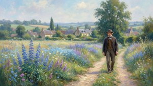 Ein ruhiger Spaziergang auf dem Land in der Nähe von Giverny mit Wildblumen und einem fernen Dorf