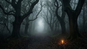 Un sentiero nel bosco nebbioso con una singola candela