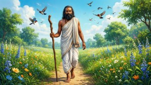 Swami Samarth spadserer gennem en farverig eng med fugle og blomster