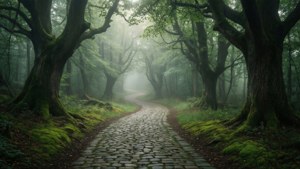 En svingete brosteinssti inn i en tett tåkete skog med gamle trær og myk grønn mose, magisk atmosfære.