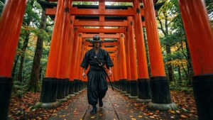 Un ronin cammina lungo un sentiero di porte torii in autunno, colori vivaci.