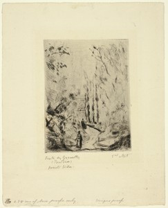 Pathway by Camille Pissarro, created 1882, in Drypoint, with roulette, in black on tan laid paper. Download this artwork as a high-resolution wallpaper for desk — Camille Pissarro Wallpaper