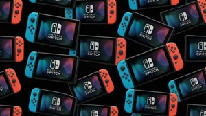 A repeating pattern of Nintendo Switch consoles