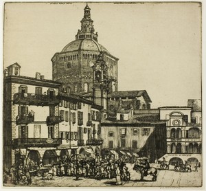Pavia by Donald Shaw MacLaughlan, created 1904, in Etching in black on ivory wove paper. Download this artwork as a high-resolution wallpaper for desktop, table — Donald Shaw MacLaughlan Wallpaper