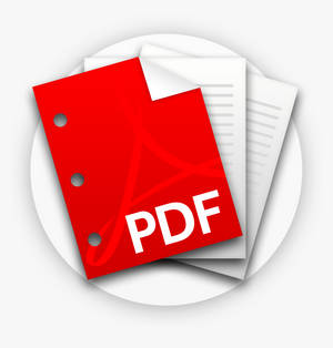 Icona file PDF rossa con testo bianco su documenti bianchi.