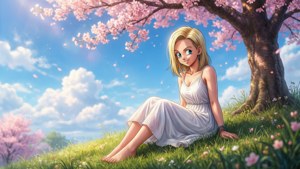 Android 18 relajándose bajo los cerezos en flor con un vestido blanco.
