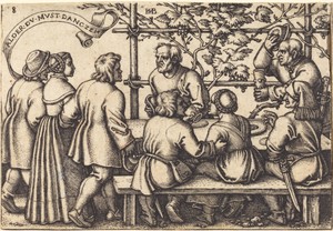 Peasants' Feast by Hans Sebald Beham, created 1546/1547, in engraving. Download this artwork as a high-resolution wallpaper for desktop, tablet, or mobile. — Hans Sebald Beham Wallpaper