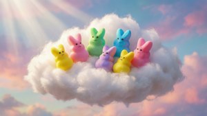 Søte marshmallow Peeps som slapper av på en sky i en pastellhimmel