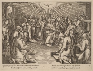 Pentecost by Philips Galle, in engraving. Download this artwork as a high-resolution wallpaper for desktop, tablet, or mobile. — Art Picture
