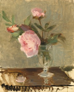 Peonies by Berthe Morisot, created c. 1869, in oil on canvas. Download this artwork as a high-resolution wallpaper for desktop, tablet, or mobile. — Berthe Morisot Wallpaper