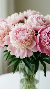 A close-up of pink peonies in a glass vase with green leaves on a white table. — Pastel Pink Background