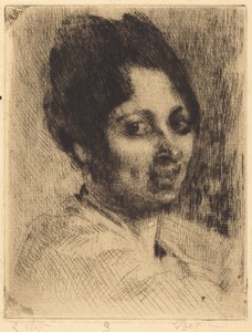 Peppina by Albert Besnard, created 1919, in etching and drypoint on laid paper. Download this artwork as a high-resolution wallpaper for desktop, tablet, or mob