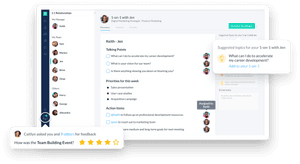 Digital workspace showing a 1-on-1 meeting with talking points and feedback requests.