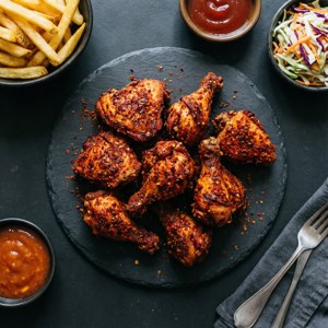 Een flat lay van peri peri kip met coleslaw, friet en sauzen.