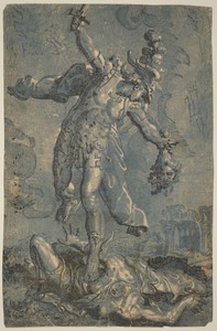 Perseus by Giovanni Gallo, created 1570/1580, in chiaroscuro woodcut printed in black and blue on laid paper. Download this artwork as a high-resolution wallpap — Giovanni Gallo Wallpaper
