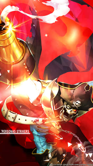 Pirata esquelético disparando canhão dourado em estilo anime com fundo vermelho — Persona 5 iPhone Papéis de Parede