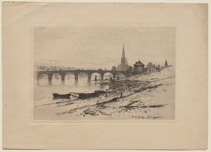 Perth Bridge by David Young Cameron, created 1889, in etching. Download this artwork as a high-resolution wallpaper for desktop, tablet, or mobile. — David Young Cameron Wallpaper