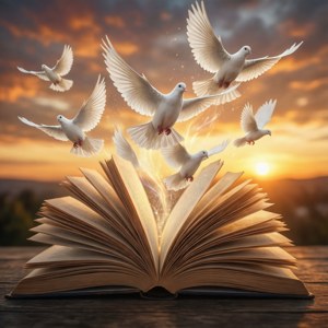 Een open boek met duiven, die relevante kennis symboliseren die opstijgt.