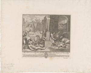 Pest by Francesco Faraone Aquila, created 1686 - 1740, in paper; engraving. Download this artwork as a high-resolution wallpaper for desktop, tablet, or mobile. — Art Background