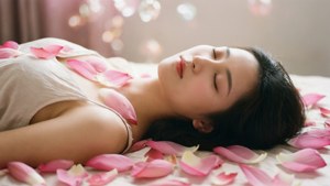 Nilou riposa su un letto di petali di loto con un'espressione serena.