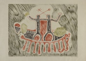 Petroglyph - Human Figures by Lala Eve Rivol, created 1935/1942, in lithograph on paper. Download this artwork as a high-resolution wallpaper for desktop, table — Lala Eve Rivol Wallpaper