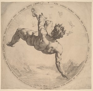 Phaeton by Hendrick Goltzius, created 1588, in engraving on laid paper. Download this artwork as a high-resolution wallpaper for desktop, tablet, or mobile. — Hendrick Goltzius Wallpaper