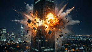A Covenant Phantom crashes into a building at night.