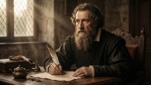 Kontemplativt portrett av Giuseppe Benaglia som en renessansefilosof som skriver ved skrivebordet sitt