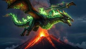 Un dragon de phosphore lumineux volant au-dessus d'un volcan la nuit, fantastique épique.