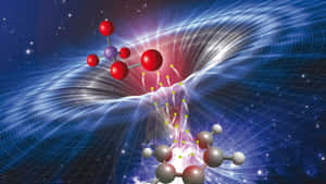 Los modelos moleculares emiten energía radiante en un campo estelar azul cósmico con líneas de cuadrícula. — Estética Ciencia Fondos de pantalla