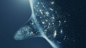 A cosmic funnel revealing galaxies and stars against a dark blue grid background. — Beginning Wallpaper