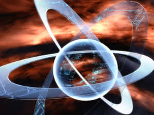 Futuristisk atommodell med glödande kretsar mot en eldig kosmisk bakgrund. — Fysik Bakgrundsbilder