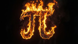 Símbolo Pi flamejante contra fundo escuro, intenso e dramático.