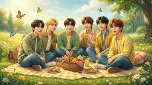 Todos os membros do BTS Tinytan desfrutando de um piquenique pacífico na natureza.