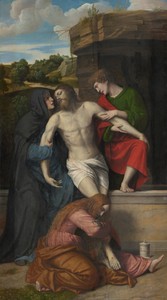Pietà by Moretto da Brescia, created 1520s, in oil on panel. Download this artwork as a high-resolution wallpaper for desktop, tablet, or mobile. — Moretto da Brescia Wallpaper