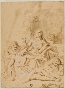 Pietà by Annibale Carracci, created n.d., in Pen and brown ink with brush and brown and red wash, heightened with white gouache, on tan ground on laid paper, la — Illustration Background