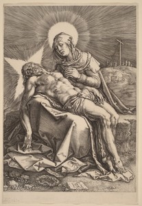 Pietà by Hendrick Goltzius, created 1596, in engraving on laid paper. Download this artwork as a high-resolution wallpaper for desktop, tablet, or mobile. — Hendrick Goltzius Wallpaper