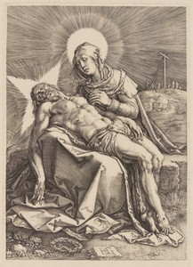 Pietà by Hendrick Goltzius, created 1596, in Engraving on ivory laid paper. Download this artwork as a high-resolution wallpaper for desktop, tablet, or mobile. — Illustration Background
